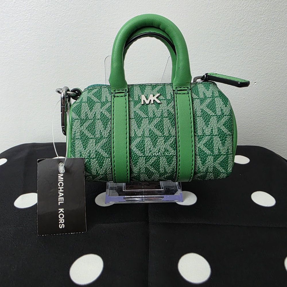 Michael Kors Green Jacquard Micro Duffle Bag Charm Keychain NWT Logo Mini Pouch - Picture 4 of 15